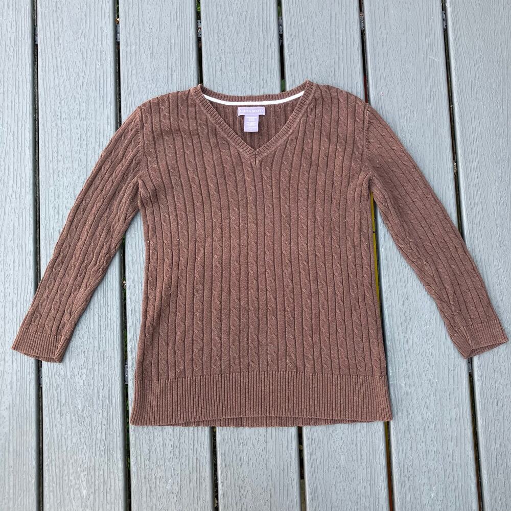 Brown cable knit sweater 3/4 sleeves, preppy grandmacore indie light academia